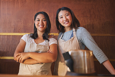 Buy stock photo Restaurant, portrait and asian women at counter together with smile, confidence and opportunity at small business. Teamwork, happiness and startup cafe owner with waitress in Japanese food store.