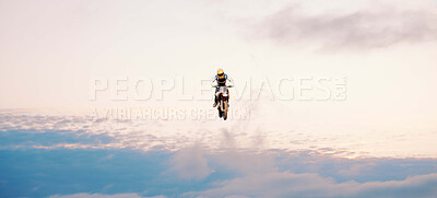 Buy stock photo Motorcycle, blue sky and jump for training or sports with fitness, balance or challenge in nature on mock up space. Bike, freedom and adventure for competition, exercise or talent with safety gear
