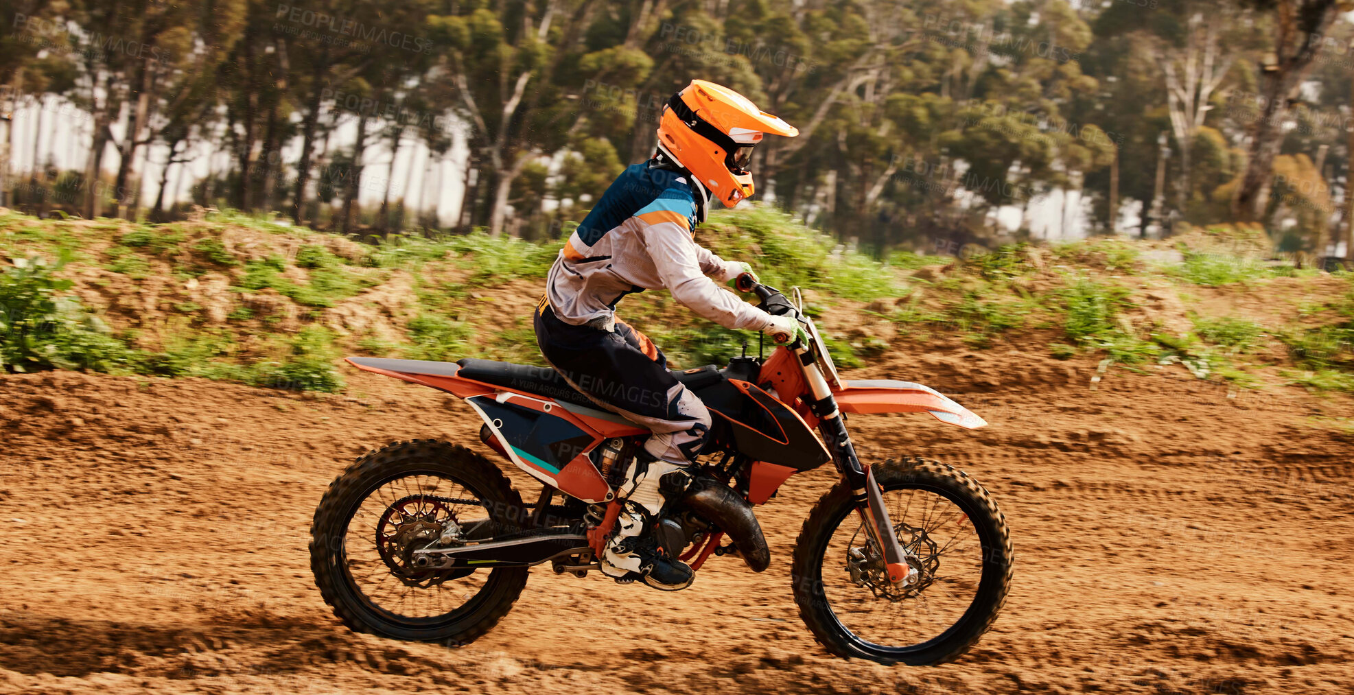 Buy stock photo Motorcycle, training and speed with a sports man on space in the forest for dirt biking. Bike, fitness and power with a person driving fast on an off road course for freedom, challenge or performance