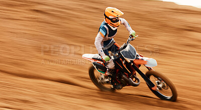 Buy stock photo Motorcycle, balance and motion blur with a sports man on space in the desert for dirt biking. Bike, fitness and power with a person driving fast on an off road sand course for freedom or speed