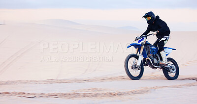 Buy stock photo Sand, speed or athlete driving motorbike for action, adventure or fitness with performance or adrenaline. Fast, nature or sports person on motorcycle on dunes for training, exercise or race challenge