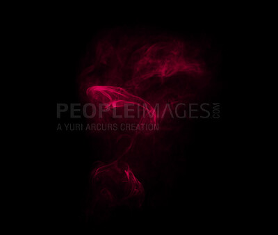 Buy stock photo Smoke, studio and fog with vapor, incense and creative art with red illusion and swirl. Colorful, neon puff and black background isolated with steam effect, cloud and magic mist of aura in the air