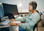 Woman, computer and statistics or notebook in office with smile for finance data, stock market growth or trading. Female, headset and laptop for investment online future saving, business or economy