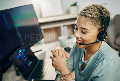 Buy stock photo Woman, online trading and call center, finance with advice and computer screen, financial investment and communication. Headset, microphone and business with laptop, agent at desk with stock market