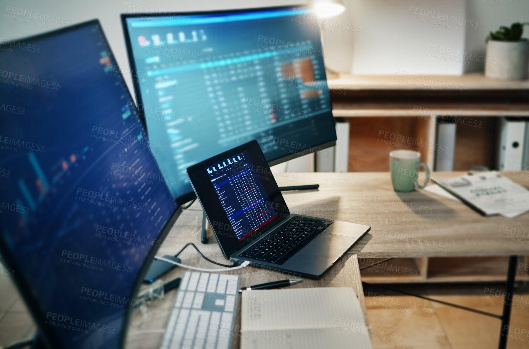 Buy stock photo Computer screen, laptop and trading, workspace with finance dashboard, graph and chart information online. Stock market, statistics and investment, financial trade with fintech and data analytics