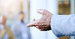Seminar, hand or presentation in workshop or coaching conference for audience in corporate training. Businessman presenter, manager blur or closeup speech to crowd in mentorship for team leadership