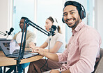 Man, microphone and radio, headphones and portrait, media or press with journalist or DJ, laptop and content creation. Podcast, influencer and live stream with audio, talk show and communication
