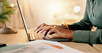 Night, laptop and woman hands typing on keyboard for online market research, planning and website copywriting. Busy person working on computer for blog article, information or digital report deadline