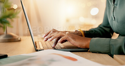 Buy stock photo Night, laptop and woman hands typing on keyboard for online market research, planning and website copywriting. Busy person working on computer for blog article, information or digital report deadline