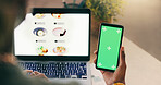 Laptop, green screen and phone in hands for food delivery order, restaurant menu and online shopping catalog. Person on ecommerce website or omnichannel choice for lunch on cellphone chromakey mockup