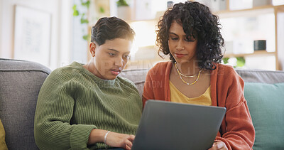 Buy stock photo LGBT, laptop and lesbian couple conversation on home online shopping choice, social media post or reading info. Lounge sofa, face and gay people speaking, talking and chat about omnichannel