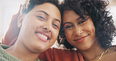 Buy stock photo Lesbian couple, selfie and smile with love, live streaming on sofa or affection with social media, home or blog. Women, gay female people or profile picture with happiness, loving together or romance