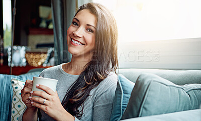 Buy stock photo Portrait, drink or happy woman in home with coffee to relax, chill and enjoy beverage on sofa in England. Cappuccino latte, smile or face of girl on break for tea, caffeine or hot chocolate in lounge