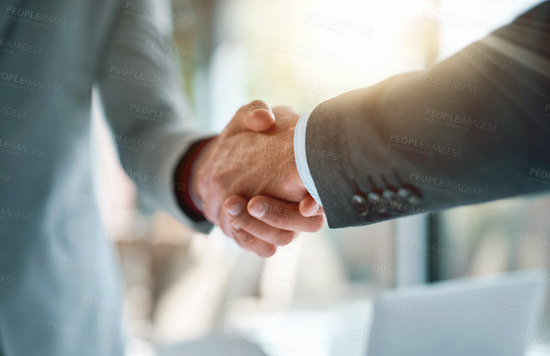 Buy stock photo Meeting, shaking hands and business people with deal, welcome or onboarding for collaboration. Partnership, teamwork and shaking hands for agreement, consulting or introduction with trust in office
