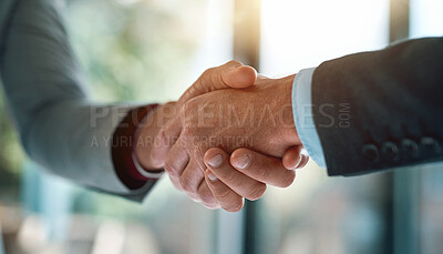 Buy stock photo Meeting, handshake and business people in office for deal, welcome or onboarding for b2b collaboration. Partnership, teamwork and shaking hands for agreement, consulting or introduction with trust