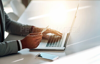 Buy stock photo Businessman, typing and credit card with laptop for ecommerce, online shopping and banking investment. Fintech, professional trader or digital finance with hands, loan application or budget in office