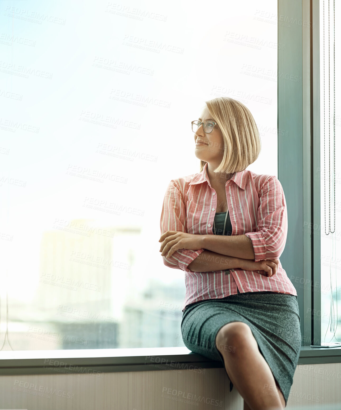 Buy stock photo Business, woman and arms crossed with thinking in office by window with daydreaming, memory and inspiration. Professional, employee and ideas in workplace with problem solving, mockup and glasses