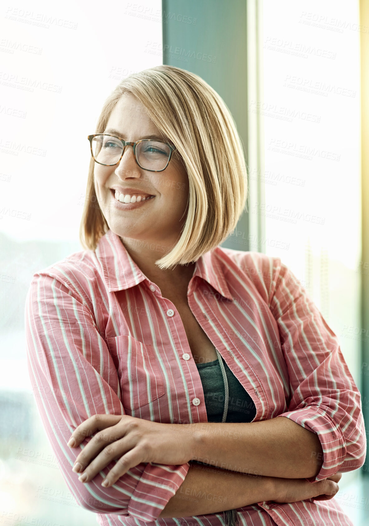 Buy stock photo Business, woman and happy with thinking at window in office with daydreaming, planning and inspiration. Professional, employee and thoughtful in workplace with problem solving, solution and glasses