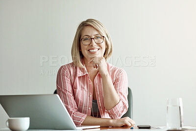 Buy stock photo Psychologist, portrait and woman with laptop at desk for schedule, email or calendar update in office. Therapist, smile and mental health worker for review notes, appointment or client diagnosis