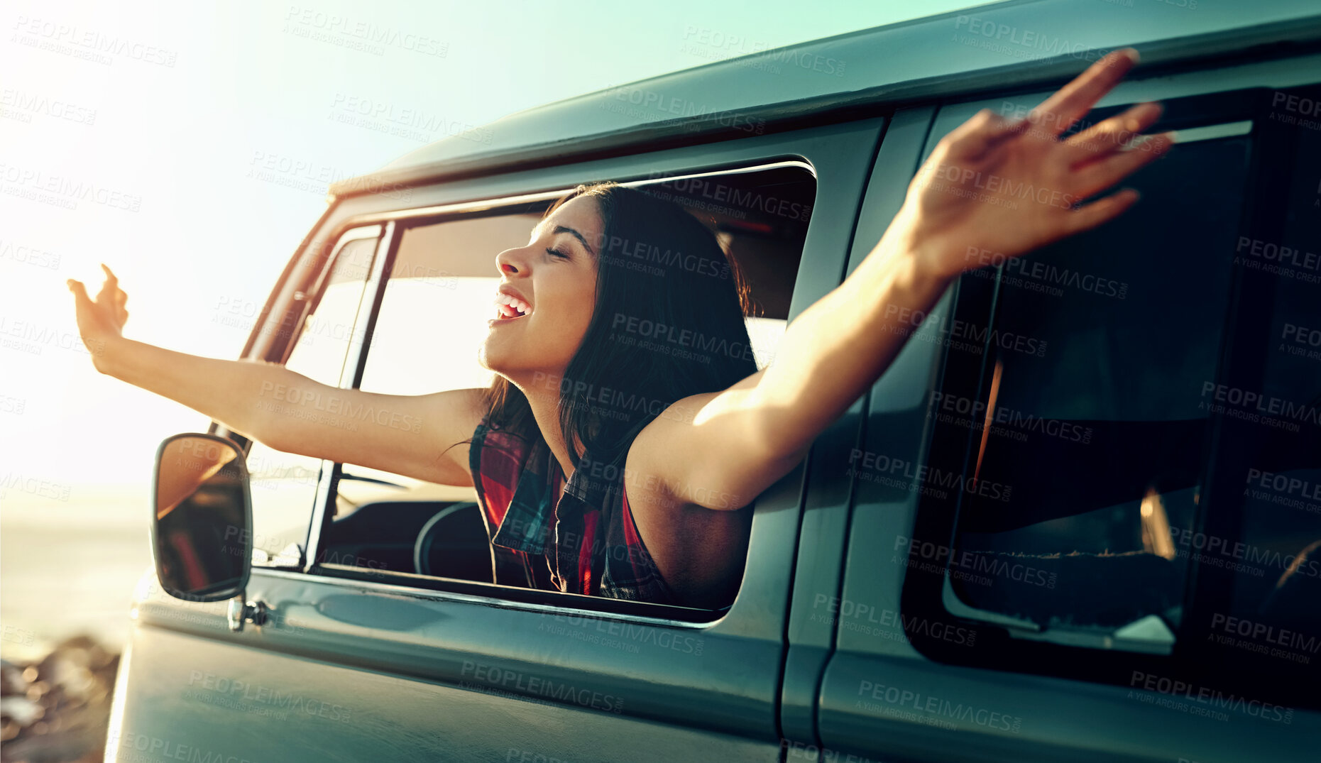 Buy stock photo Road trip, woman and freedom in car with laugh, van and travel for holiday and vacation. Transport, parking and adventure with smile and motor window in summer with driving and journey with driver 