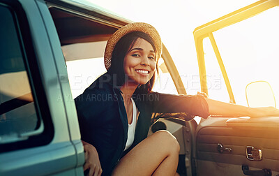 Buy stock photo Road trip, woman and portrait in car with smile, van and travel for holiday and vacation. Transport, parking and adventure with calm and motor door in summer with driving journey and happy driver