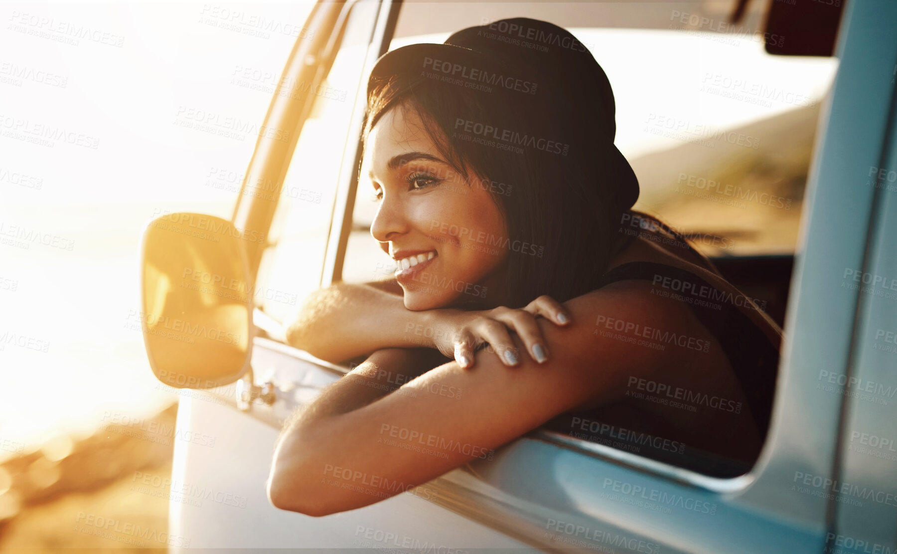 Buy stock photo Road trip, woman and thinking in care with smile, van and travel for holiday and vacation. Transport, parking and adventure with idea and freedom in summer with driving and journey with happy driver 