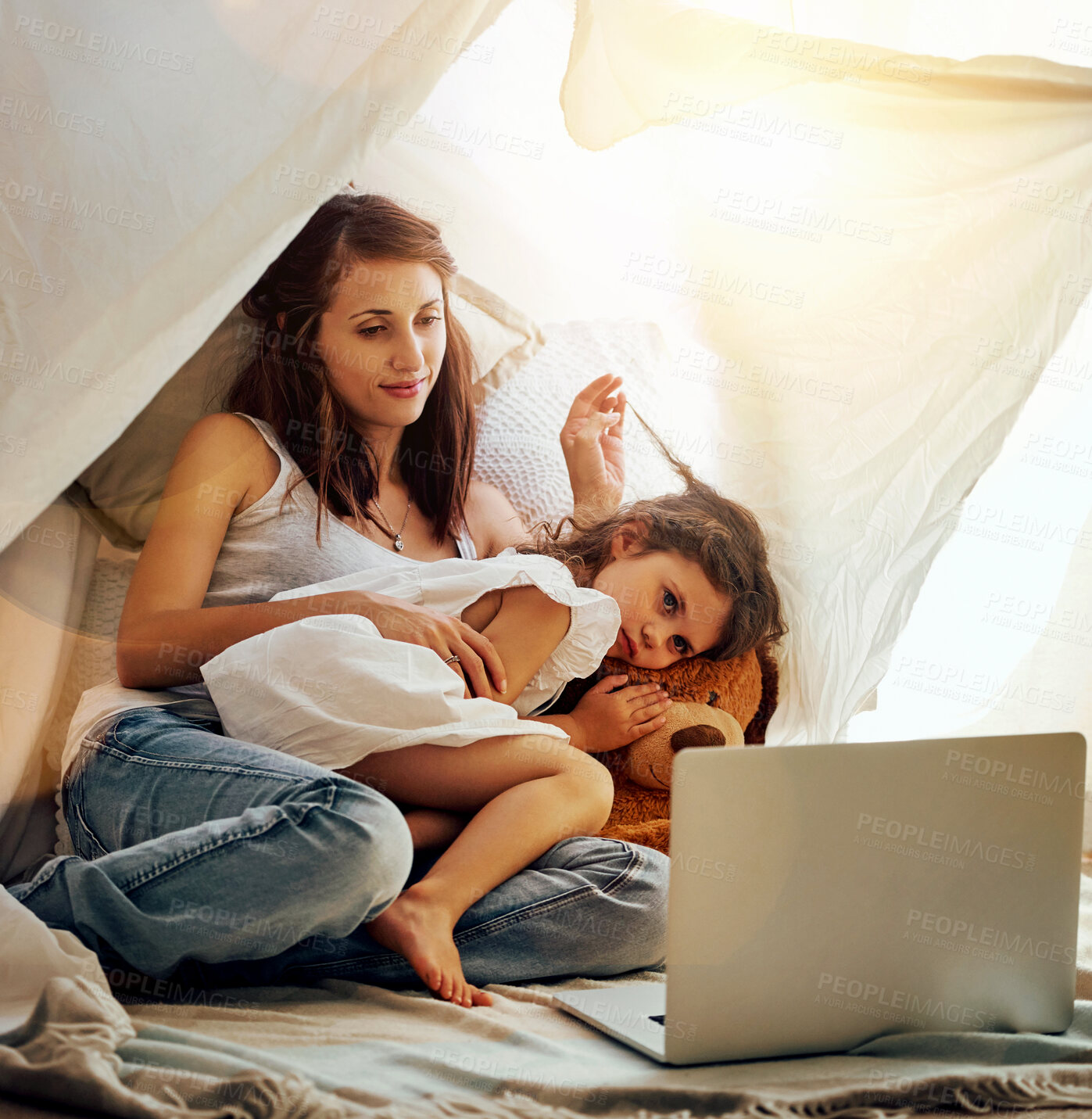 Buy stock photo Night, woman and child with laptop, tent and bonding with movies, comfort and love in home. Computer, mother and daughter together in fort in bedroom for online streaming subscription, film and relax