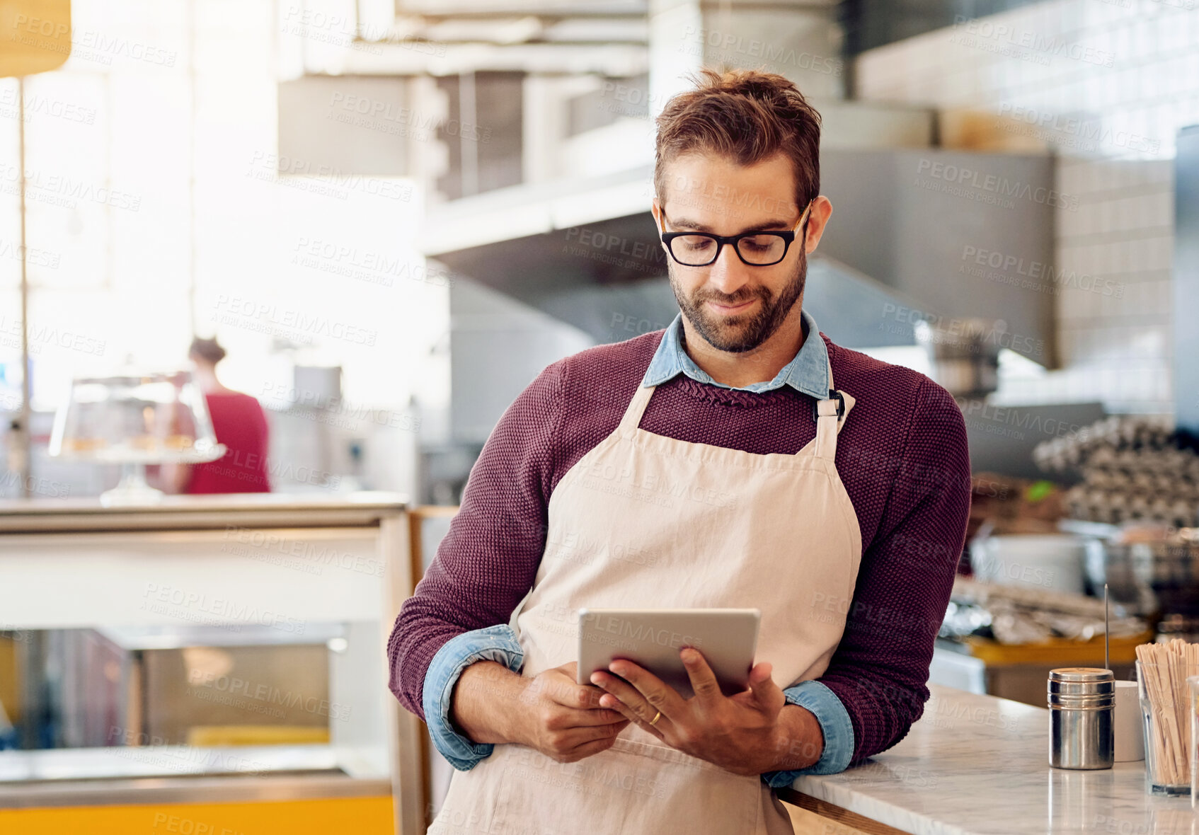 Buy stock photo Coffee shop, waiter and man on tablet for online menu, checking stock and product inventory. Restaurant, cafeteria and small business owner on digital tech for social media, networking and website