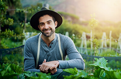 Buy stock photo Garden, man and portrait with agriculture, sustainability and eco farming work in the countryside. Smile, farmer and field with plants, vegetables and outdoor with gardening and food growth project