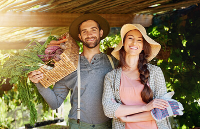 Buy stock photo Farmer couple, vegetables and box for farming, agriculture and small business owner with food production and supply chain. People, seller or supplier in portrait with green organic harvest in basket