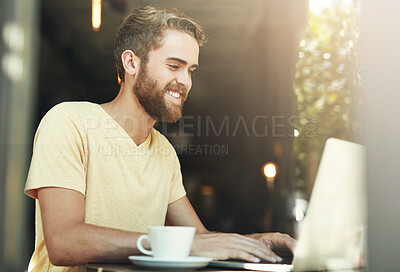 Buy stock photo Man, laptop and remote work in cafe, planning and website for startup agenda or networking. Male person, espresso and copywriting in coffee shop, info and online for article or research on project