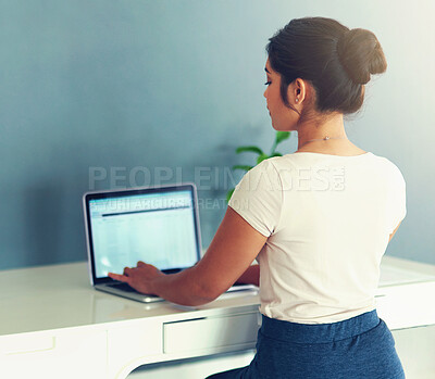 Buy stock photo Woman, laptop and freelancer in home office for project, planning and employee at desk for report. Female person, profile and professional for schedule or agenda, online and website for research