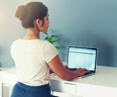 Buy stock photo Woman, laptop and email in office for proposal, planning and employee at desk for report on app. Female person, back and professional for project management, online ideas and website for research