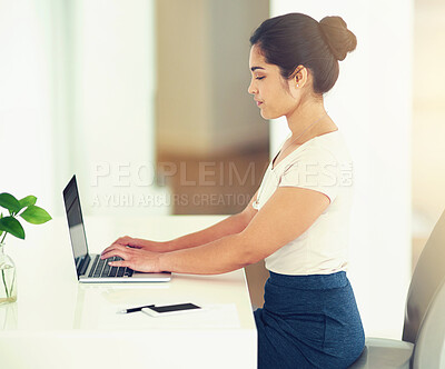 Buy stock photo Woman, laptop and research in office for proposal, planning and employee at desk for report. Female person, profile and professional for project management, online and website for human resources