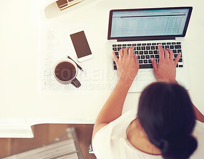 Buy stock photo Woman, laptop and above in office for proposal, planning and employee at desk for digital report. Female person, top view and professional for project management, online and website for research