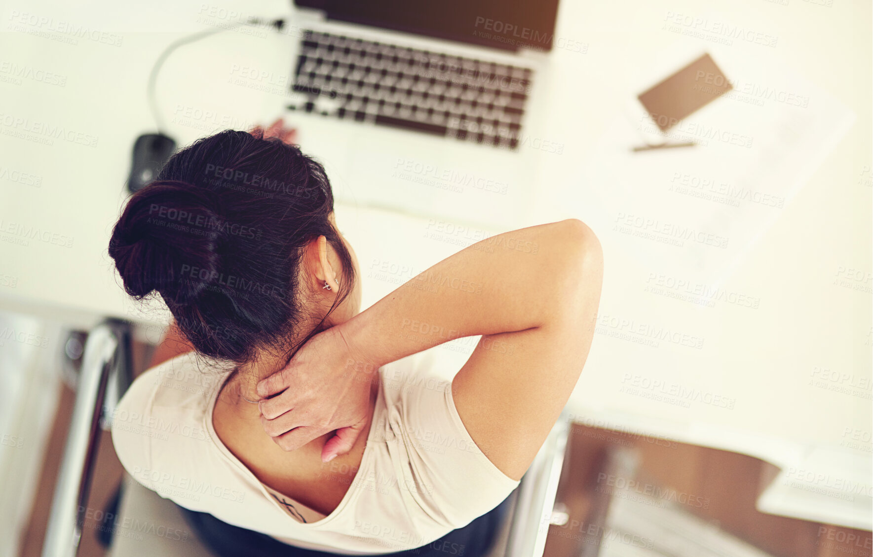 Buy stock photo Laptop, office and woman with neck pain, stress and risk management in office from above. Tired, frustrated and businesswoman at computer for research with fatigue, online project and audit burnout