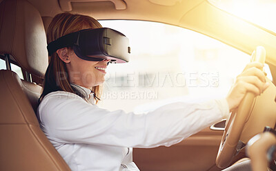 Buy stock photo VR, car and drive for woman in care, glasses and metaverse for futuristic transport. Technology, virtual or digital streaming for simulation in vehicle, augmented reality experience and female person