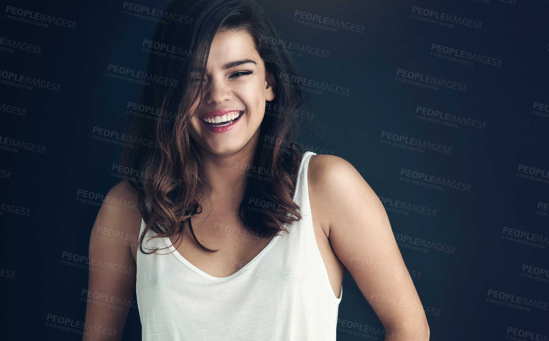 Buy stock photo Smile, woman and studio for fashion and laugh, stylish and isolated on blue background. Casual clothing, thrifted and minimalistic for upcycling, portrait and happiness for female person from Brazil