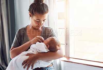 Buy stock photo Home, mother and baby with pacifier for comfort, calming and caring while bonding by window. House, woman and boy infant for carrying, support and child development with love as mom in apartment