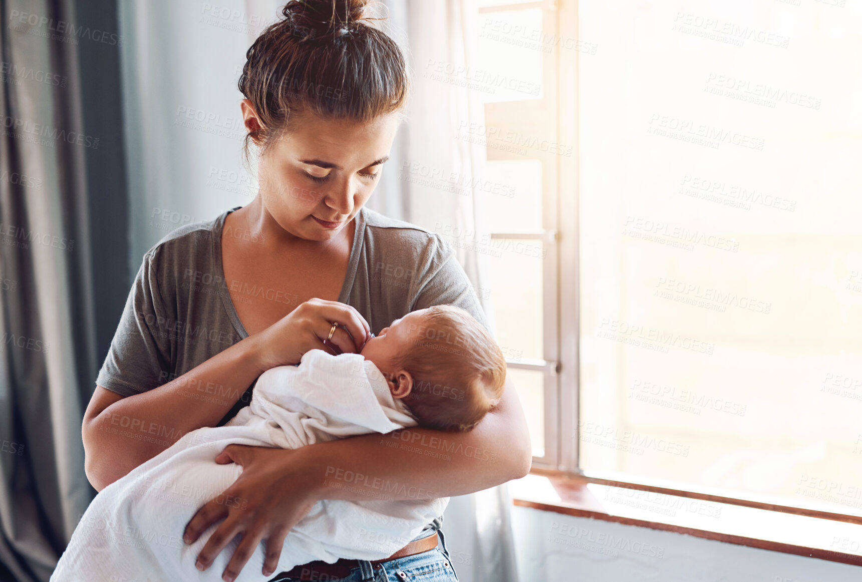 Buy stock photo Home, mother and baby with pacifier for comfort, calming and caring while bonding by window. House, woman and boy infant for carrying, support and child development with love as mom in apartment