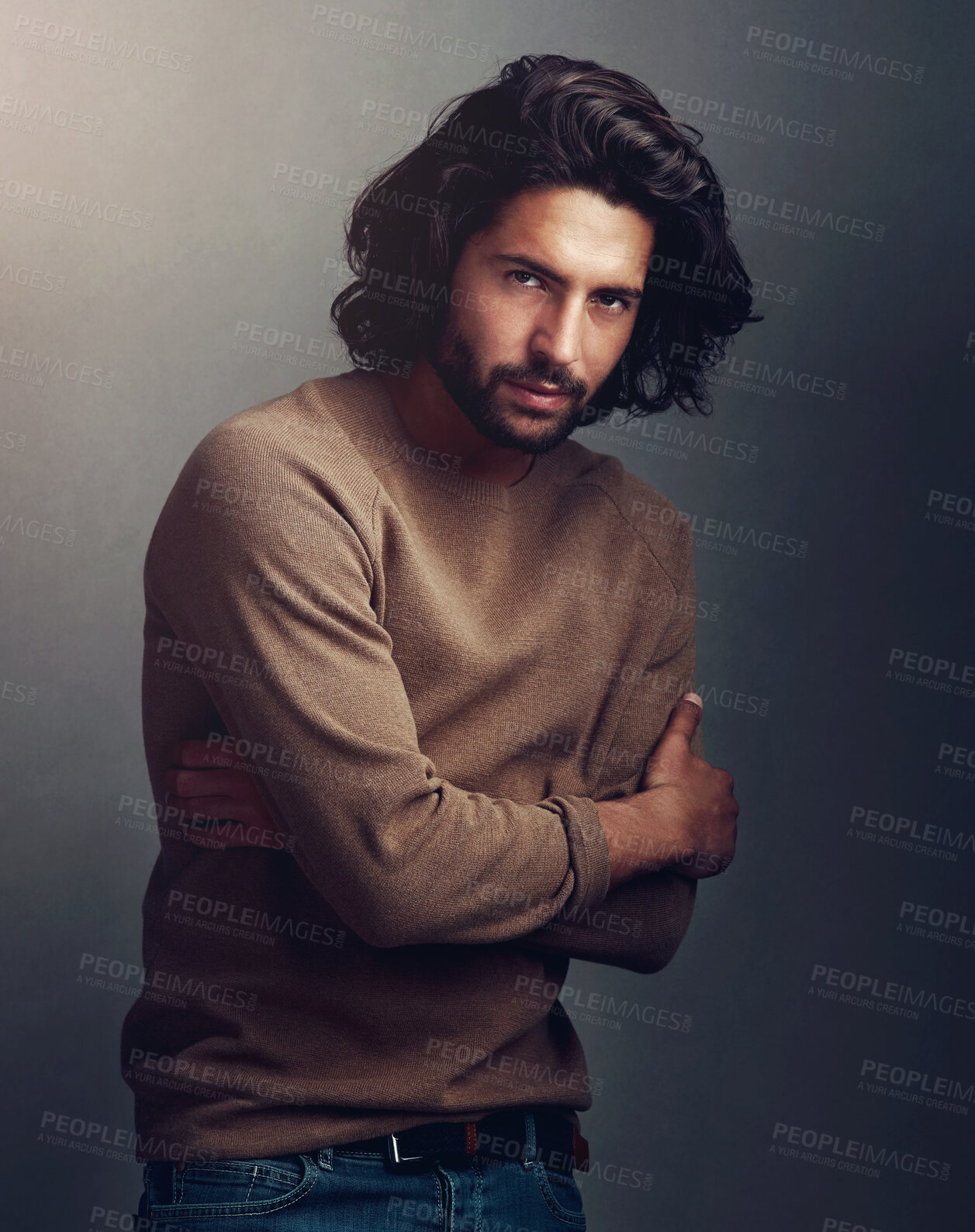 Buy stock photo Serious, man and arms crossed with in portrait for fashion, and trendy clothing isolated in studio. Colombian, male person or model with aesthetic outfit, confidence and cool style on dark background