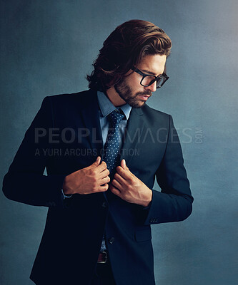 Buy stock photo Fashion, formal or suit with business man in studio on gray wall background for professional career. Corporate, jacket and style with confident employee or in work outfit for class, elegance or power