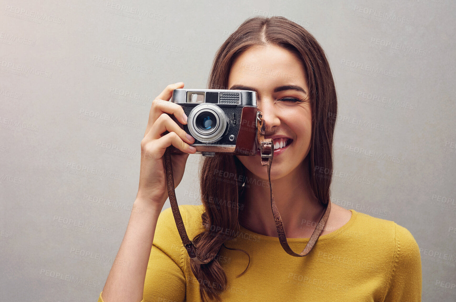 Buy stock photo Woman, portrait and vintage camera with photographer in studio with smile, lens and retro with artist. Happiness, aesthetic and professional journalist for newspaper company with elections in America