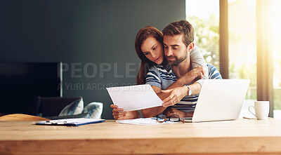 Buy stock photo Documents, finance and laptop with couple in home together for bank investment or savings. Accounting, budget or computer for wealth management with man and woman in apartment for tax planning