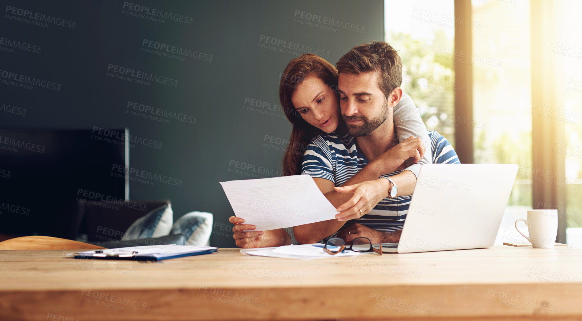 Buy stock photo Documents, finance and laptop with couple in home together for bank investment or savings. Accounting, budget or computer for wealth management with man and woman in apartment for tax planning