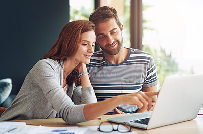 Buy stock photo Home, couple and laptop for finance, reading and planning for budget, online banking and research for life insurance. People, apartment and man with woman, computer and conversation for investment