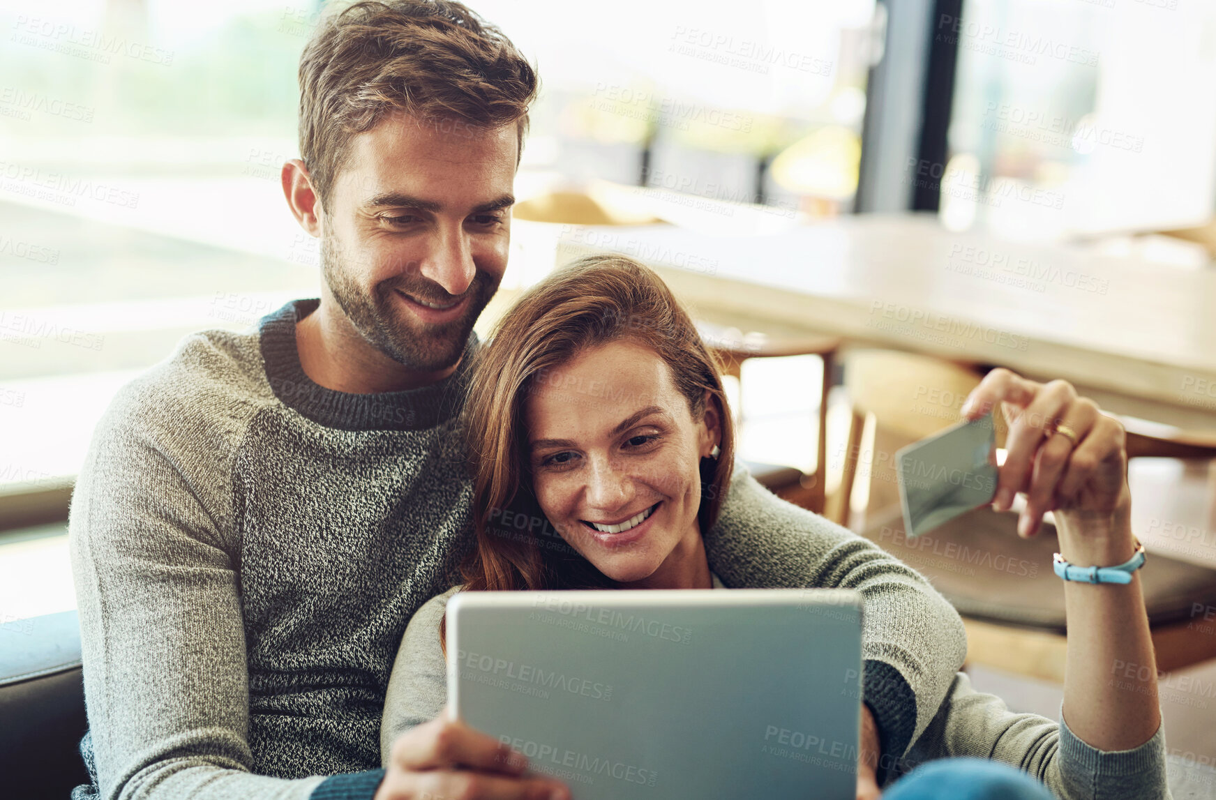 Buy stock photo Credit card, online shopping and tablet with couple on sofa in living room of home for payment or purchase. Ecommerce, love or smile with happy man and woman customer in apartment together for retail