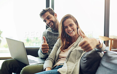 Buy stock photo Portrait, thumbs up and happy couple on laptop in home living room for success, support or excellence. Man, woman and like hand sign with computer on sofa for winner, feedback or social media review