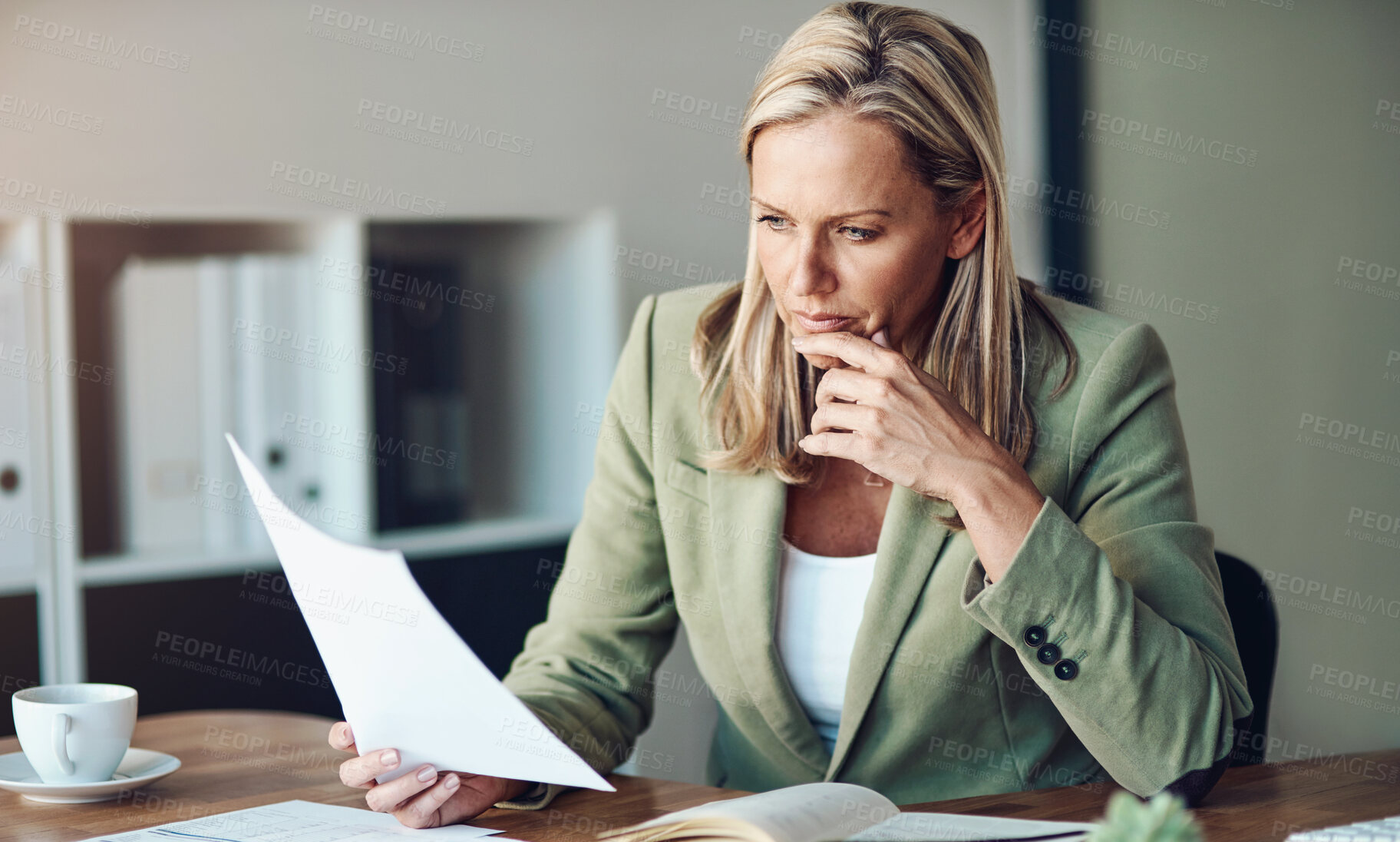 Buy stock photo Documents, finance and problem solving with business woman in office for accounting, review or tax. Paper, planning and thinking with accountant in workplace for investment or savings decision