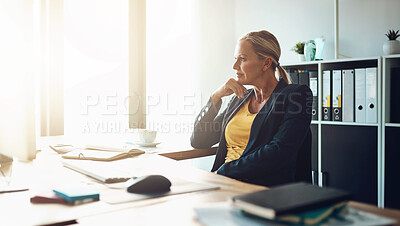 Buy stock photo Woman, thinking and computer in office for business decision, choice and investment strategy. Financial manager, planning and idea with tech for company budget, problem solving and risk management